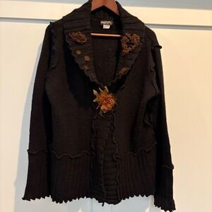 Vtg Lee Andersen Cardigan Sweater XL Black Art Knit Floral Applique Textured USA